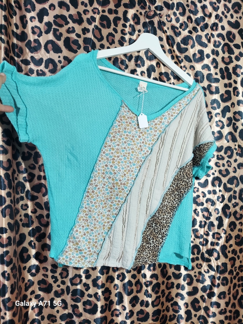 7th Ray Boho Chic Mint Patchwork V-Neck Top with Mixed Animal & Floral Prints M